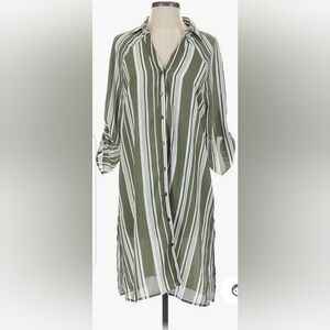 🌺#0002🤙Olive & Oak Green Striped Button-Down Shirt Dress🌸CASE#AEL4G